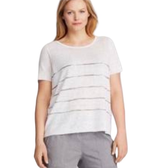 EILEEN FISHER Space-dyed Organic Linen Tee 100% in White / Gray Stripe Size XS - Picture 5 of 5
